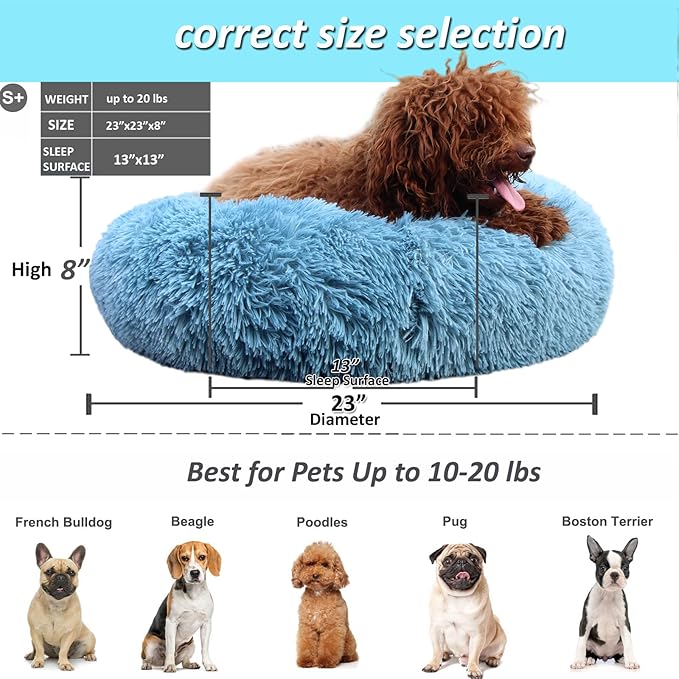 Small Dog Donut Bed for Small Dogs Machine Washable,Calming Donut Blue Dog Bed for Small Puppy with Anxiety,with Fluffy Soft and Comfy Faux Fur Cuddler Pet Bed for Small Pets - PAWPICO