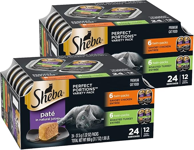 Sheba Perfect Portions Wet Cat Food Pate Savory Chicken Entree and Roasted Turkey Entree Variety Pack, 2.6 oz. Twin Pack Trays (12 Count, 24 Servings) (Pack of 2) - PAWPICO