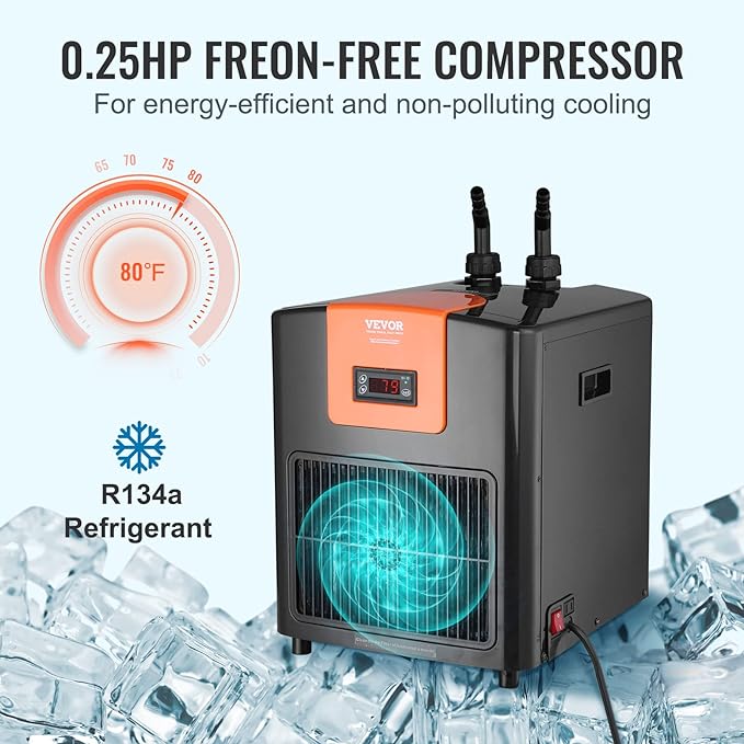 VEVOR Aquarium Chiller, 92 Gal 348 L, 1/4 HP Hydroponic Water Chiller, Quiet Refrigeration Compressor for Seawater and Fresh Water, Fish Tank Cooling System with Pump/Hose, for Jellyfish, Coral Reef VEVOR