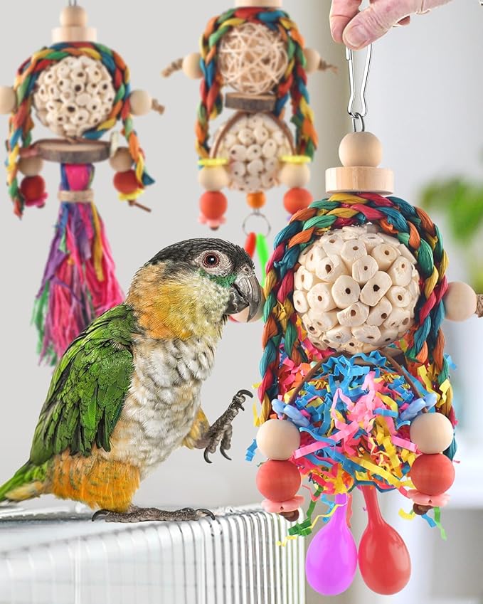 Bissap Conure Toys, 3PCS Bird Parrot Foraging Shredder Hanging Toys Sola Balls with Sand Hammer for Small Parrots Parakeets Conures Cockatiels Love Birds Cage Toy Bissap