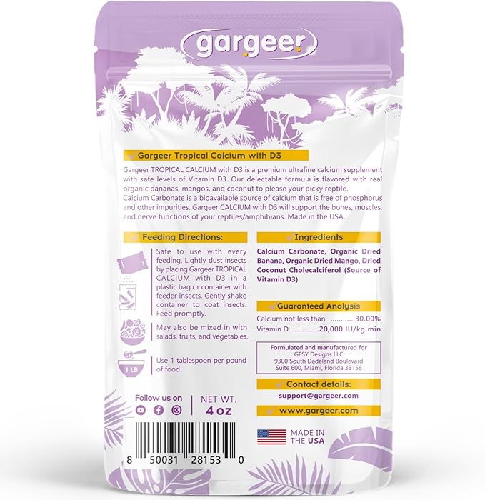 4oz Gecko Calcium with Vitamin D3, Phosphorus-Free, Ultrafine Powder. Ready to Use Supplement for Geckos and Fruit-Eating Reptiles. Pure Dust with Real Organic Fruits. Made in The USA Gargeer
