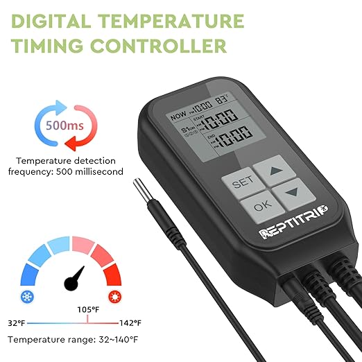 Reptile Thermostat, Reptile Light Timer for Temperature and Lighting Control, Day-Night Timer Thermostat with Reptile Thermometer for UVB Light, Heat Lamp, Heating Pad, 10A 1250w REPTITRIP