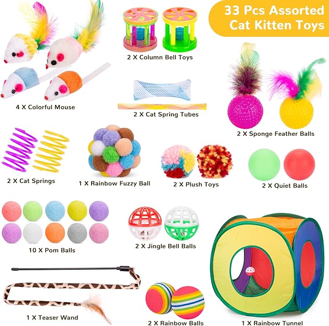 Retro Shaw Cat Toys Set 33 PCS, Interactive Cat Kitten Toys for Indoor Cats Kitty with Collapsible Cat Play Tunnel Tube Tent Cat Feather Wand Teaser Cat Bell Fuzzy Ball Springs Mouse Toys - PAWPICO