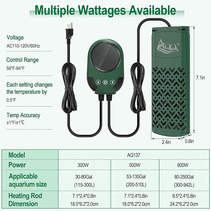 AQQA Aquarium Heater, 300W/500W/800W Submersible Fish Tank Heater with PTC Rapid Heating, Precise Digital Temperature Controller, LED Display with Memory Function for Up to 250 Gallon Freshwater Tank AQQA