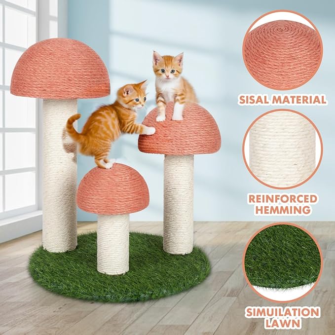PowerKing Cat Scratching Post, Mushroom Claw Scratching Post for Cat, Natural Sisal Cat Scratchers with 3 Mushroom Pole, Cat Interactive Toys - PAWPICO