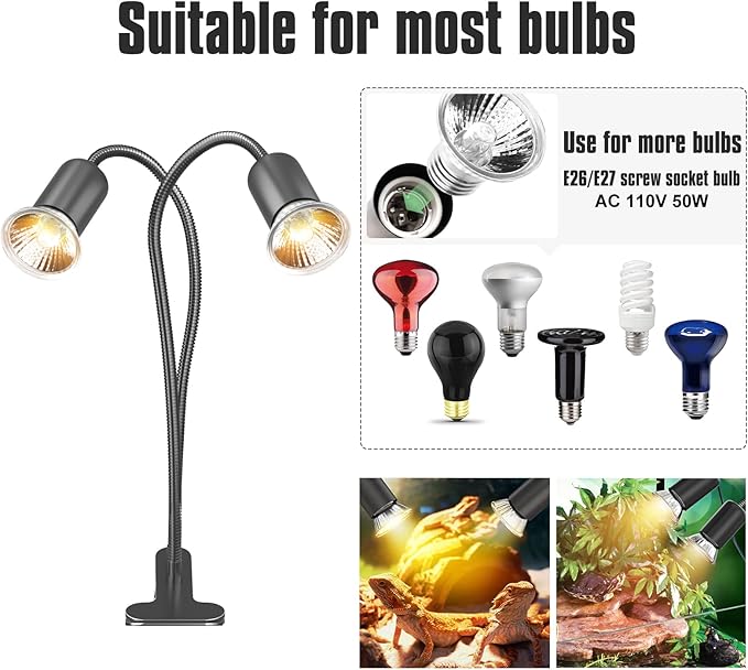 Reptile Heat Lamp, Dual-Head UVA/B Reptile Light with Cycle Timer, Basking Light for Reptile Turtle Bearded Dragon Lizards Snake, E26/27 Base with 4 Bulbs (2PCS 25W and 2PCS 50W) DTZYServiceforYourLife