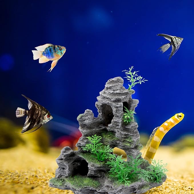 Saim Aquarium Mountain View Stone Ornament, Artificial Mountain Hill View Stone Rock Cave Aquarium Decorations Fish Tank Decor for Betta Cichlids Hideaway Cave, Hermit Crab Hideout - Large Saim