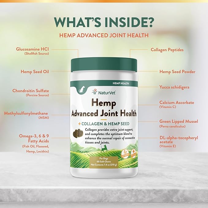 NaturVet Hemp Advanced Joint Health Dog Supplement Plus Hemp Seed – Helps Support Joint Health in Dogs – Includes, Collagen, Glucosamine, MSM, Chondroitin, Omegas – 60 Ct. NaturVet