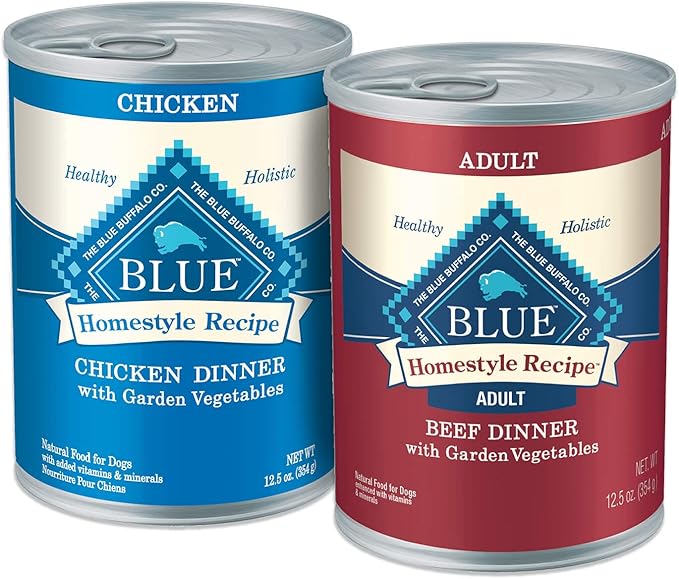 Blue Buffalo Homestyle Recipe Natural Adult Wet Dog Food Variety Pack, Chicken & Beef 12.5 oz cans (24 Count- 12 of Each Flavor) - PAWPICO