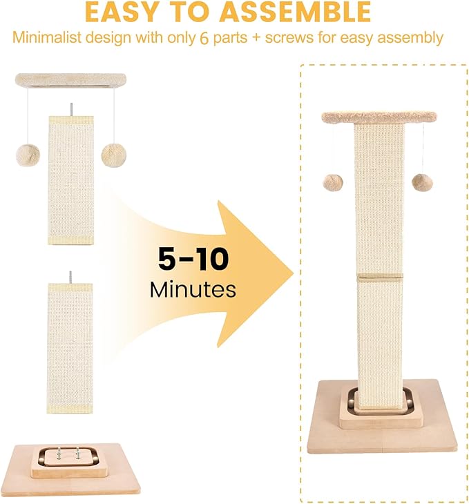 Cat Scratching Post,33 Inches Heavy Duty and Thicker Cat Scratching Posts for Indoor Cats Adults,Tall Cat Scratching Post with Interactive Toys and Hanging Ball, Protect Your Furniture, Beige - PAWPICO