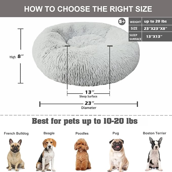 Orthopedic Dog Bed Small,Puppy Bed Washable,23 inches Donut Fluffy Small Pet Beds,Calming Anti Anxiety Round Fits up to 25 lbs Soft Warm Pets Beds for Puppies Indoor,Grey - PAWPICO