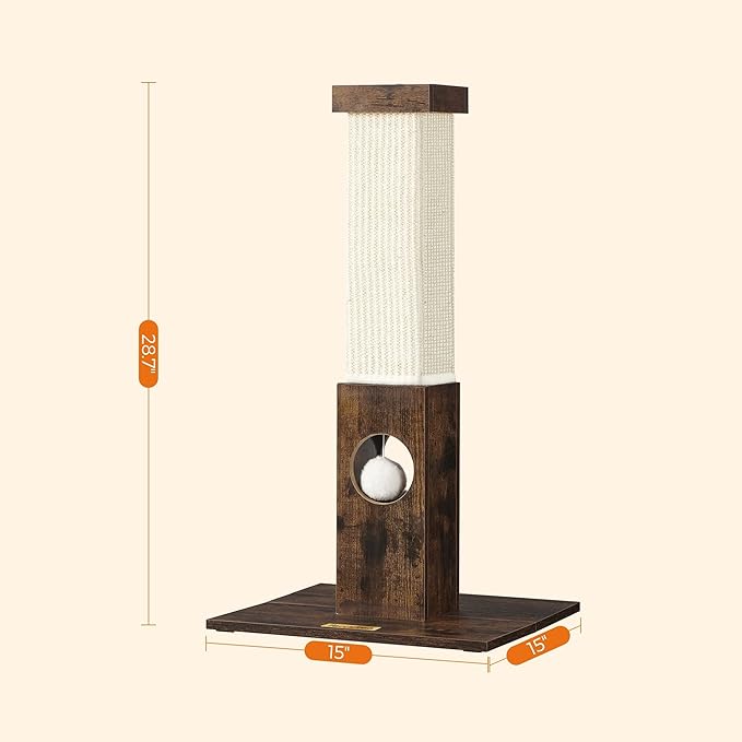 Feandrea Cat Scratching Post, Cat Scratcher for Indoor Cats, 28.7 Inches Tall, Furniture Scratching Deterrent Sisal Scratch Pole with Toy, Rustic Brown UPCA021X01 - PAWPICO