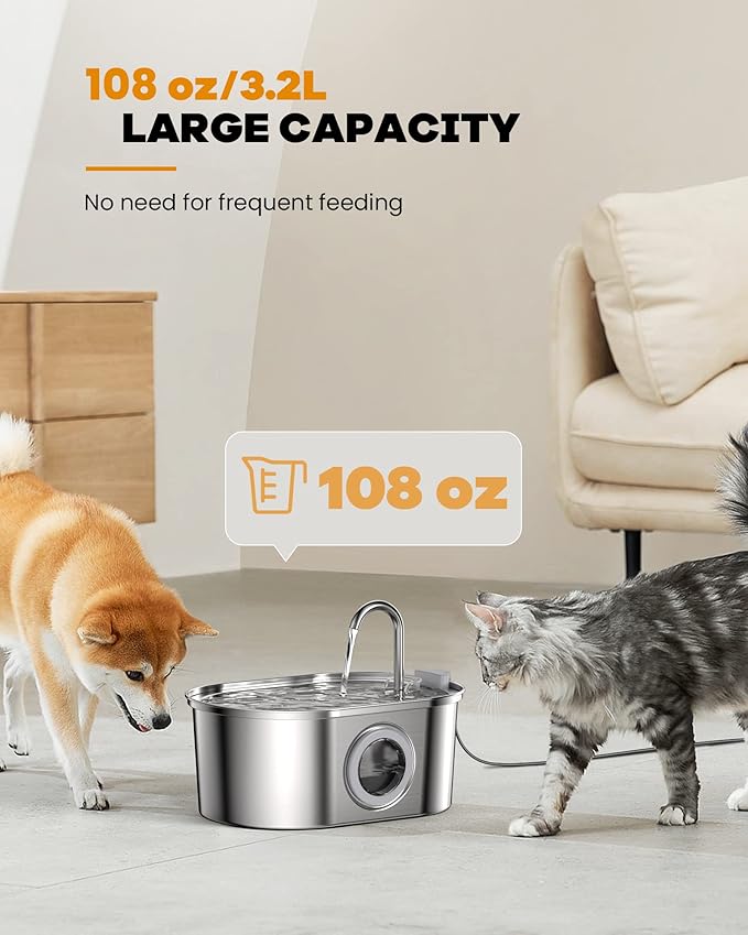 Cat Water Fountain Stainless Steel: 108oz/3.2L pet Water Fountain - Water Fountain for Cats Inside with Water Level Window - Faucet cat Fountain - Quiet Pump - for Dogs and Cats - SOOFPET - PAWPICO
