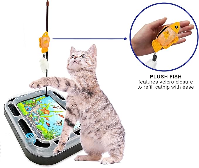 Cat Scratching Toy with Scratcher Board and Fish Aquarium Design, Fun and Exciting Catnip Cat Toy, Floppy Fish Toy with Feathers and Catnip Included - PAWPICO