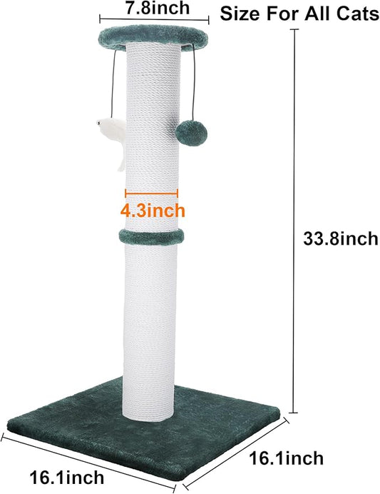 Cat Scratching Post 34 Inches Heavy Duty and Thicker Cat Scratching Post Sisal Rope with Hanging Ball and Mice Scratching Post for Indoor Cats and Adult(Green) - PAWPICO