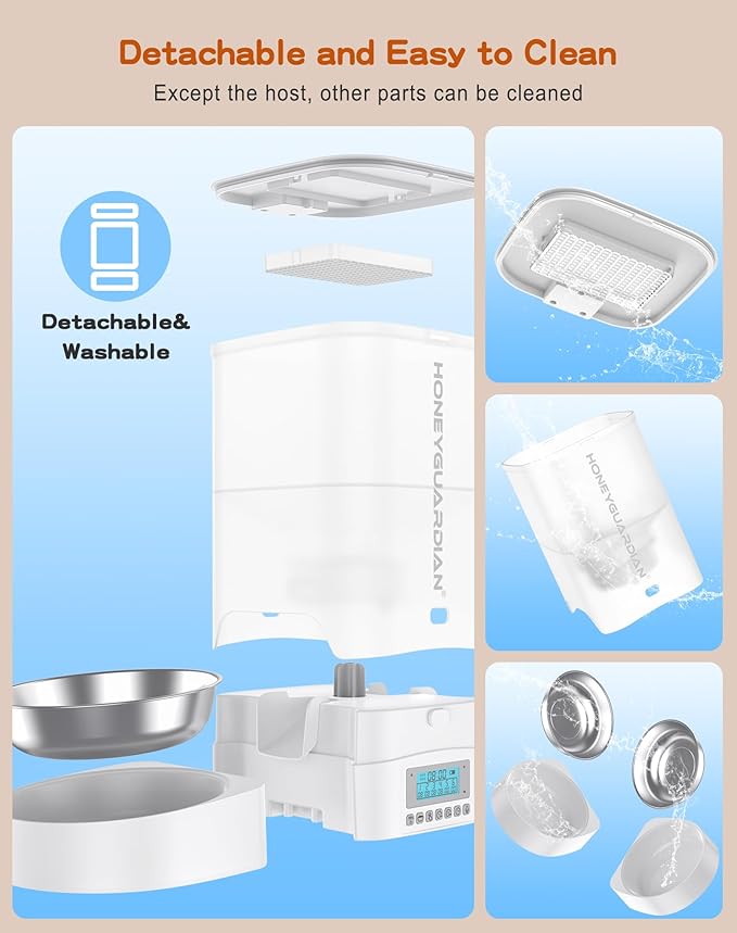 HoneyGuaridan Automatic Cat Feeder for Two Cats,3.5L Cat Food Dispenser with Stainless Steel Bowl,Timed Cat Feeder Programmable 1-6 Meals Control, Dual Power Supply,Desiccant Bag,10s Meal Call Whit - PAWPICO