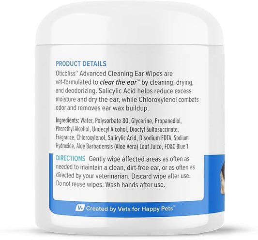 VETNIQUE Oticbliss Advanced Cleaning Ear Wipes for Dogs & Cats for Odor Control, Dirt and Wax Removal with Soothing Aloe Vera, Drying Agent and Vitamin E, Clear the Ear 100ct Wipes VetniqueLabs