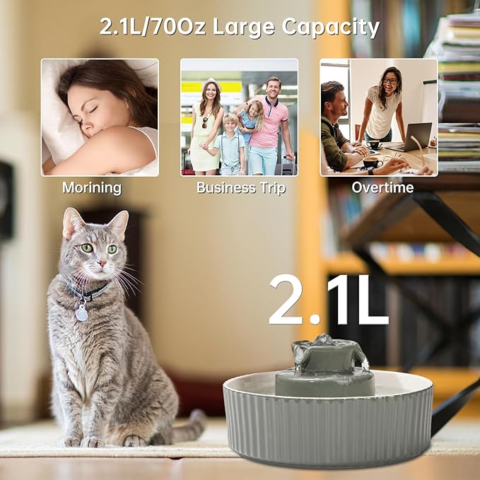 Ceramic Cat Water Fountain, 2.1L/70oz Ceramic Pet Water Fountain Automatic Cat Drinking Fountains Pet Water Bowl, Porcelain Cat Water Dispenser with Ultra-Quiet Pump for Cats and Dogs(Grey) - PAWPICO