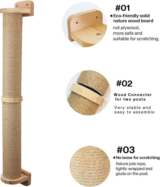 2 Tier Cat Wall Wood Sisal Scratching Post for Indoor - 37 inch Tall- Vertical or Horizontal Wall Mounted Cat Scratcher, Cat Scratching Board, Cat Activity Trees Cat Wall Furniture Shelves - PAWPICO