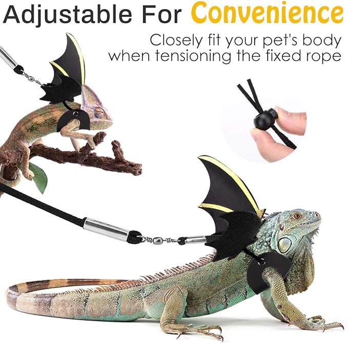 Pawaboo Adjustable Bearded Dragon Harness and Leash, 3 Size Leather Reptile Leash Outdoor Harness Leash with Bat Wings for Lizard Reptiles Amphibians Small Pet, Small/Medium/Large, Black+Gold Pawaboo