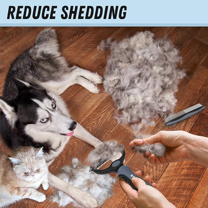 Pet Grooming Brush and Metal Comb Combo, Cat Brush Dog Brush for Shedding, Undercoat Rake for Dogs Grooming, Dematting Deshedding Brush Dogs Shedding Tool for Long matted Haired Pets, Gray - PAWPICO