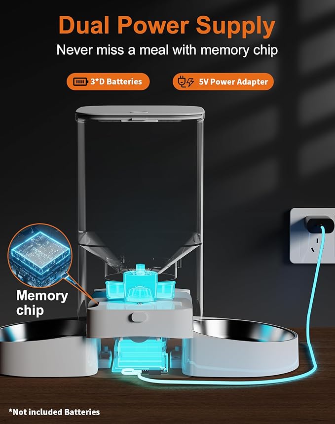 HoneyGuaridan 5L Automatic Cat Feeder for Two Cats, 2.4G WiFi Enabled Smart Feed Pet Feeder with Stainless Steel Bowl,APP Control Dispenser, Dual Power Supply,Desiccant Bag,10s Meal Call White - PAWPICO