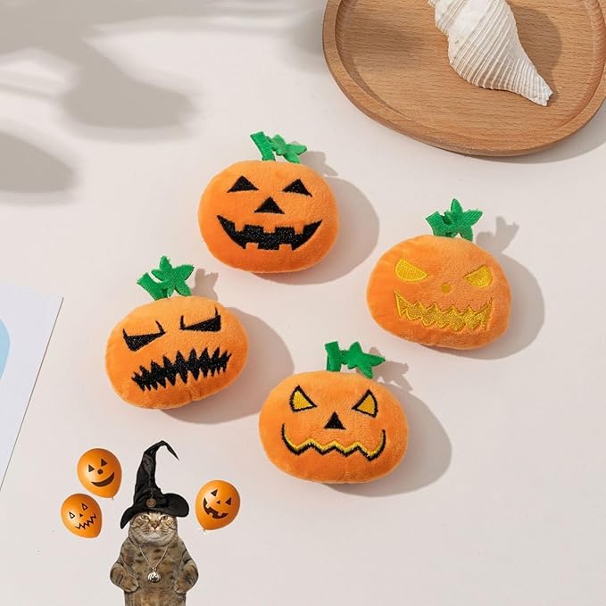 4PCS Halloween Pumpkin Cat Squeaky Toys Interactive Plush Pet Toy for Indoor Cats with Squeaker - PAWPICO