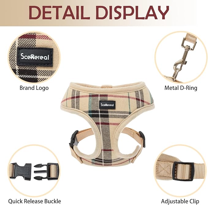 SCENEREAL Puppy Dog Harness with Leash Set for Small Medium Sized Dogs, Soft Mesh Step in Pet Harnesses and Leash, No Chock Plaid Adjustible No Pull Vest for Dogs Cats, Chihuahua,Bulldog (Beige S) SCENEREAL