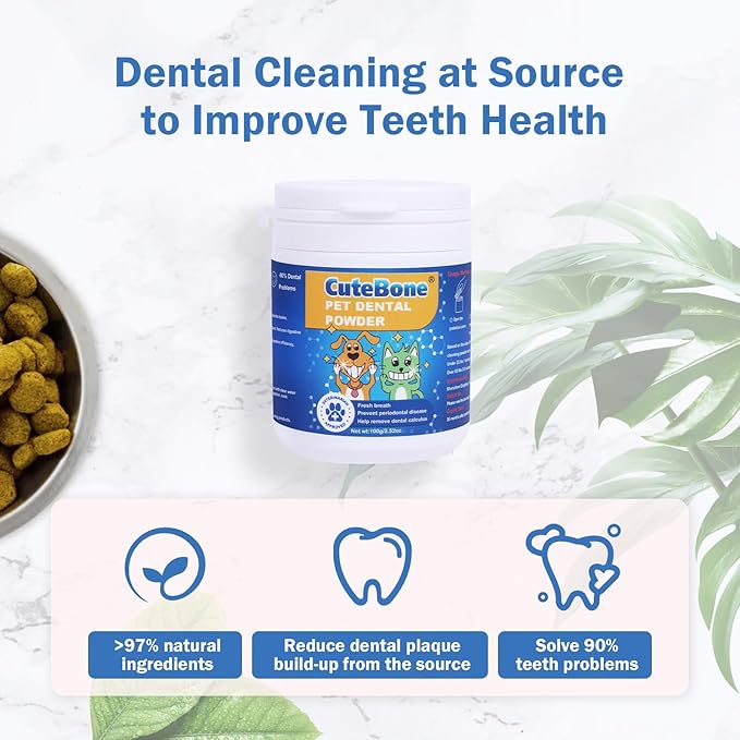 CuteBone Dog Teeth Cleaning Powder - Dog Dental Powder Pet Breath Freshener - Safe & Effective Natural Oral Care Formula Reduces Plaque & Tartar Promotes Healthy Gums Easy-to-Use for Dogs & Cats CuteBone