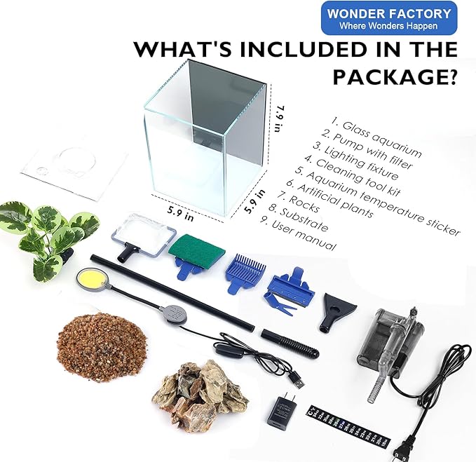 1.5 Gallon Aquarium Betta Fish Tank Starter Kit, Self Cleaning Filter HD Float Glass Small Fish Bowl Light Rocks Gravel Plants Cleaning Tool Set, Beginner's Gift for Snails, Guppy, Shrimp WONDERFACTORY
