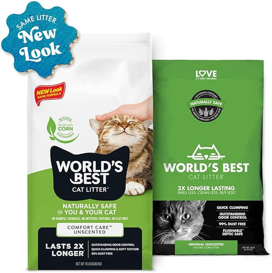 WORLD'S BEST CAT LITTER Comfort Care Unscented 15-Pounds - Natural Ingredients, Quick Clumping, Flushable, 99% Dust Free & Made in USA - Long-Lasting Odor Control & Easy Scooping - PAWPICO