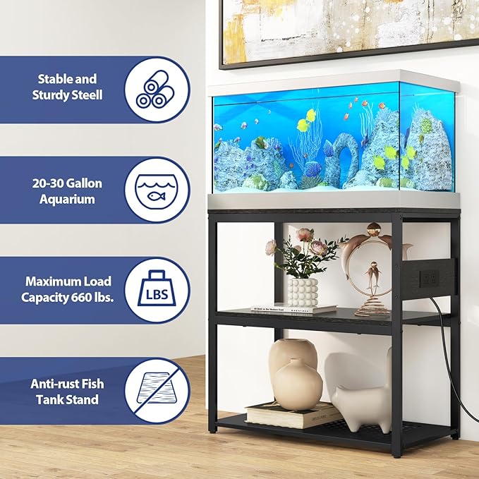 20-29 Gallon Fish Tank Stand with Power Outlets, 3-Tier Metal Aquarium Stand, Breeder Reptile Tank Stand with Shelf for Home Office, 660LBS Capacity, 29.5 x 15.8 x 30.1 inches, Black Livofloral