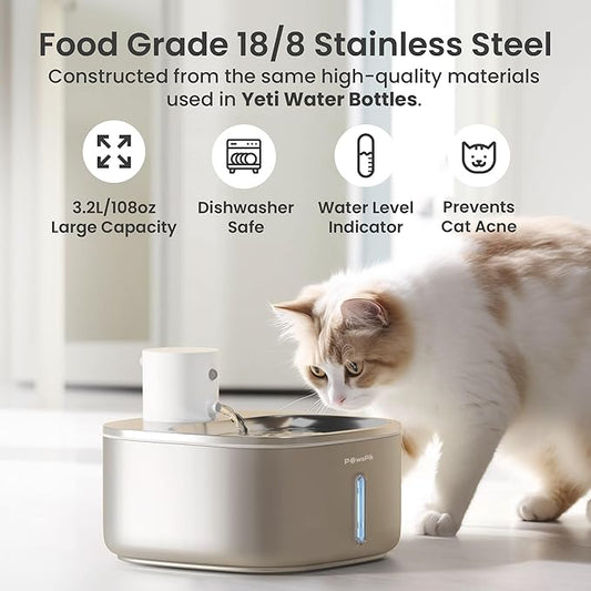 Stainless Steel Cat Water Fountain,108oz/3.2L Cat Water Dispenser, Battery Operated Dog Fountain, Water Bowl, Automatic Pet Fountain with Motion Sensor, 5000 mAh Battery - PAWPICO