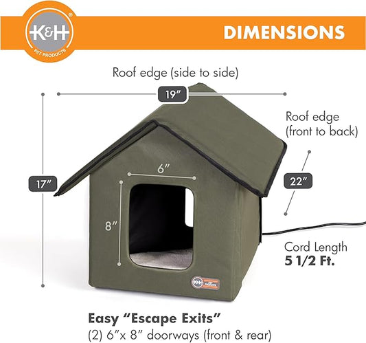 K&H Pet Products Outdoor Heated Kitty House, Outdoor Cat House for Outside Community Cats, Strays, and Ferals, Insulated Shelter, Warming Cold Weather House with Heated Pad for Winter, Olive/Olive - PAWPICO