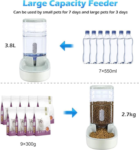Automatic Dog Cat Feeder and Water Dispenser Gravity Food Feeder and Waterer Set with Pet Food Bowl for Small Medium Dog Puppy Kitten, Large Capacity 1 Gallon x 2(Grey) - PAWPICO
