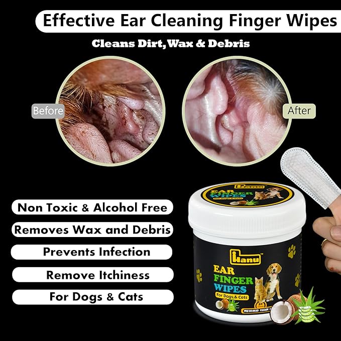 Hanu Ear Finger Wipes for Dogs & Cats Gently Remove Dirt, Wax & Debris - Relieve Ear Itching & Discomfort, Sooths & Deodorizes - All Natural Ingredients - Vet Recommended - 50 Count Hanu
