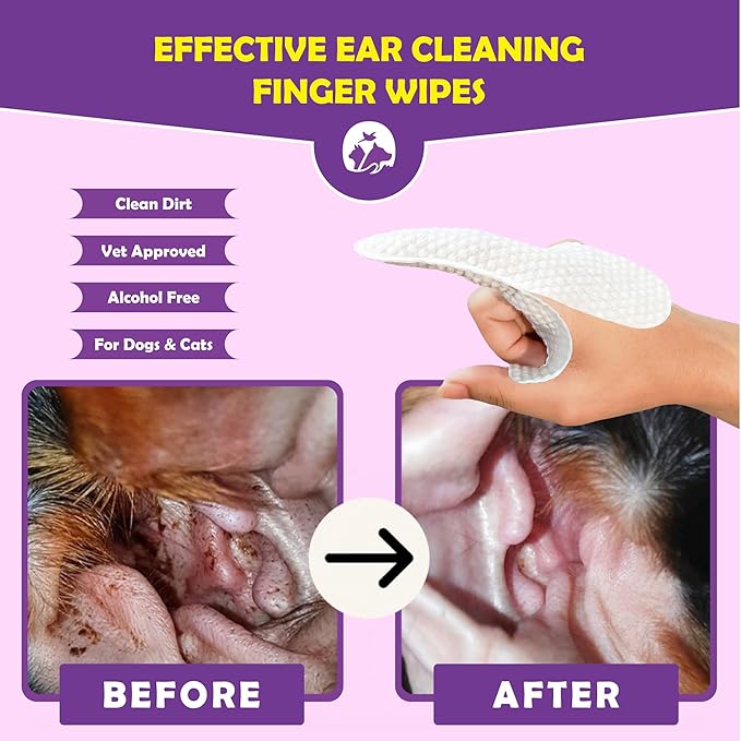 Flintstone Dog Ear Cleaner Finger Wipes – Ultra Big Dog Ear Wipes Gently Remove Ear Wax, Dirt - Ear Wipes for Dogs & Cats Soothes Ear Itching - Mild Coconut Scent - 120 Count Flintstone