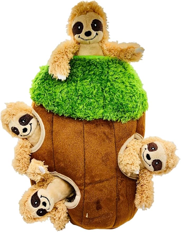 Sloth in Tree Hide and Seek Dog Toy for Small and Medium Size Dogs, Plush Sloth Inside Trunk Dog Toy with Squeaker, Interactive Burrow Dog Toy (Tree with Sloths, Medium) - PAWPICO