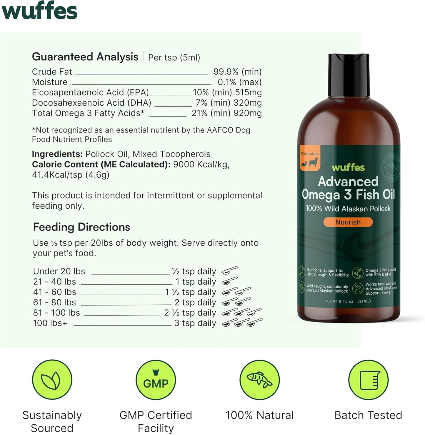 Wuffes Advanced Omega 3 Fish Oil for Dogs, Natural EPA & DHA Fatty Acids, Supports Healthy Skin and Coat, Joint Nutrition, Digestion & Immune System - 100% Pure Wild Alaskan Fish Oil - 8 Oz Wuffes