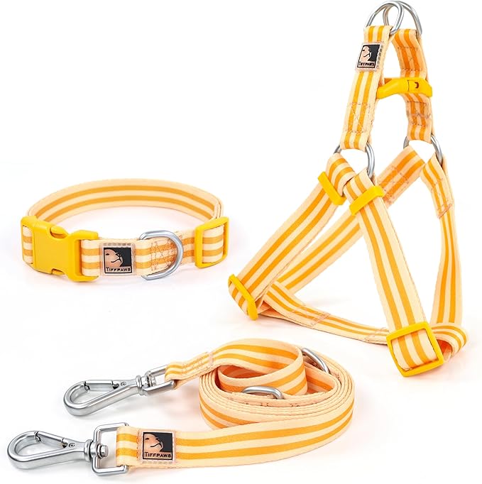 Striped Dog Harness Collar and Leash Set, Polyester Webbing Dog Collar Easy Walking and Training Dog Harness and Leash 3-in-1 Suit Adjustable Dog Harness Collar Leash Set for Dogs(Orange, L) Tiffpaws