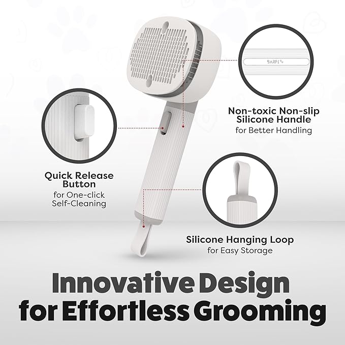 BARFI Pet Brush - Self-Cleaning Pet, Cat, Dog Shedding Brush - Multi-Functional Grooming Tool with Negative Ion Technology, Vibrating Massager, Wood's Lamp (Gray) - Free Pet Bowl - PAWPICO