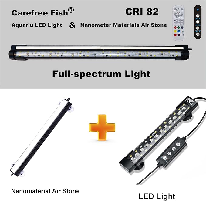 Carefree Fish Aquarium 24/7 Mode Timer Submersible LED Light Full Spectrum CRI 82 Tank Underwater Light & Nanometer Materials Air Stone 3Ft Tubing Waterproof Rating IP68 (No Included Air Pump) Bewatermyfriend