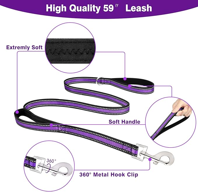 WINSEE Pet Harness Collar and Leash Set, All-in-one Reflective Dog Harness No Pull with Adjustable Buckles for Puppies, Small, Medium, Large, and Extra-Large Dogs (Small, Purple) WINSEE