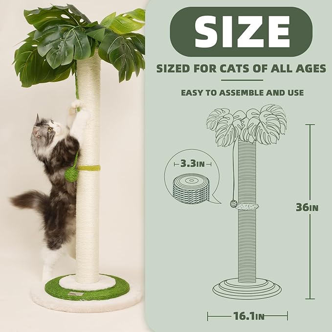 MEOWOOU Cat Scratching Post for Indoor Cats and Kitten, 35” Tall Monstera cat Scratching Post with sisal Hanging Interactive Ball, Suitable for Large Adult cat, Kitten, and All Type of Cats - PAWPICO