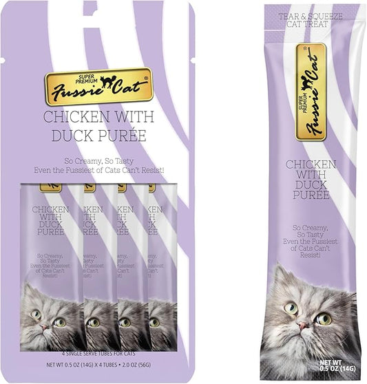 Fussie Cat Chicken with Duck Puree, lickable cat treats, 0.5oz pouch 4 Count (Pack of 1) - PAWPICO