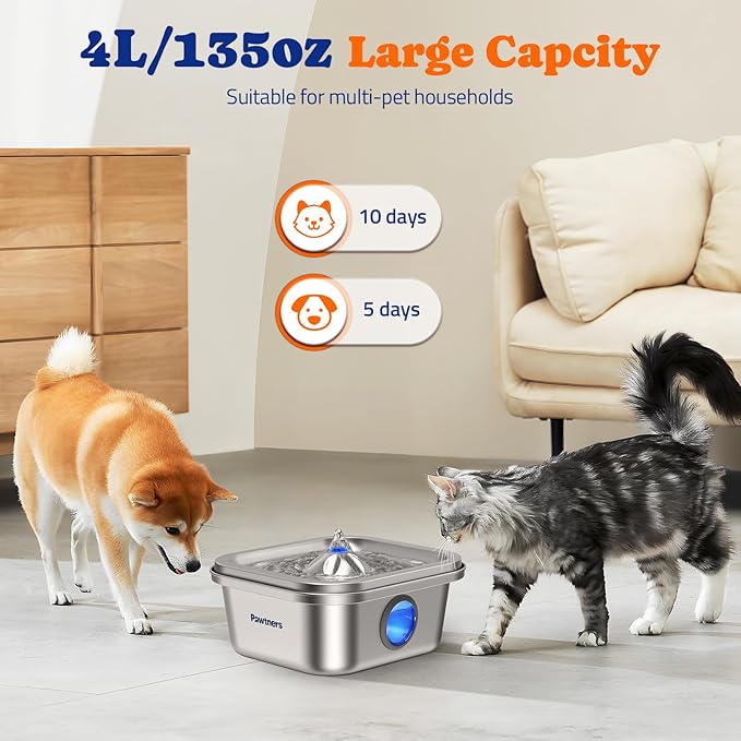 Cat Water Fountain Stainless Steel, 4L/135oz Pet Fountain, Automatic Dog Drinking Dispenser with Water Level Window, Filter, Quiet Pump, Silver - PAWPICO