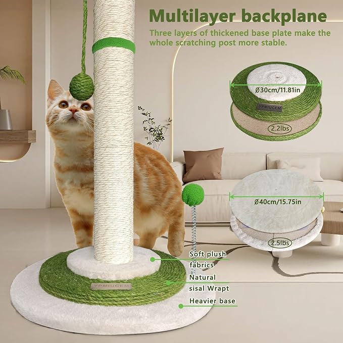 Cat Scratching Post 38" Tall Scratching Post for Indoor Cats Cat Scratcher Cat Tree Wrapped Sisal Rope Large Cat Scratching Post Cute Cat Scratching with Interactive Dangling Balls and Spring Ball - PAWPICO