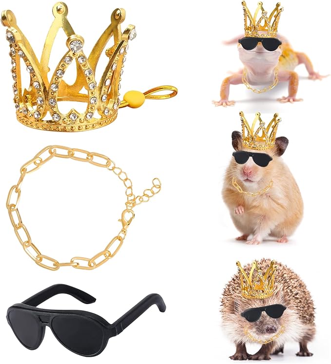 Bearded Dragon Accessories Set Including Crown Necklace Sunglasses with Adjustable Elastic Chin Strap Reptile Clothes Lizards Gecko Chameleon Iguana Frogs for Photo Props Birthday Gift Keymall