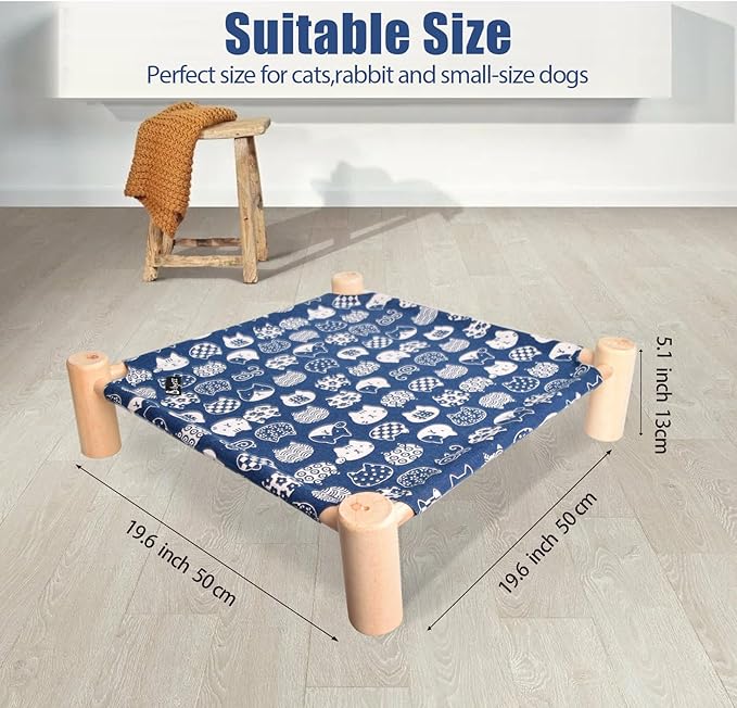 Cat/Dog Bed,Wooden Pet Hammock Bed,Elevated Breathable Dog Bed, Detachable Portable Indoor/Outdoor Cat Beds&Furniture,Suitable for Kitty,Puppy,Bunny and Small Animal(Blue Cats) - PAWPICO