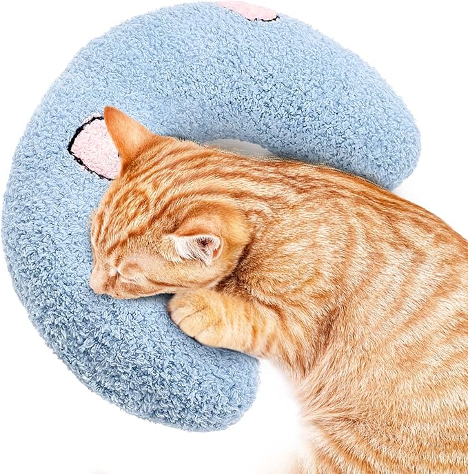 ucho Cat Pillow Pets, Soft Fluffy Cat Neck Pillow for Cat Bed, U-Shaped Pillow for Pet, Pet Calming Toy Half Donut Cuddler for Joint Relief Sleeping Improve Machine Washable- Blue ucho